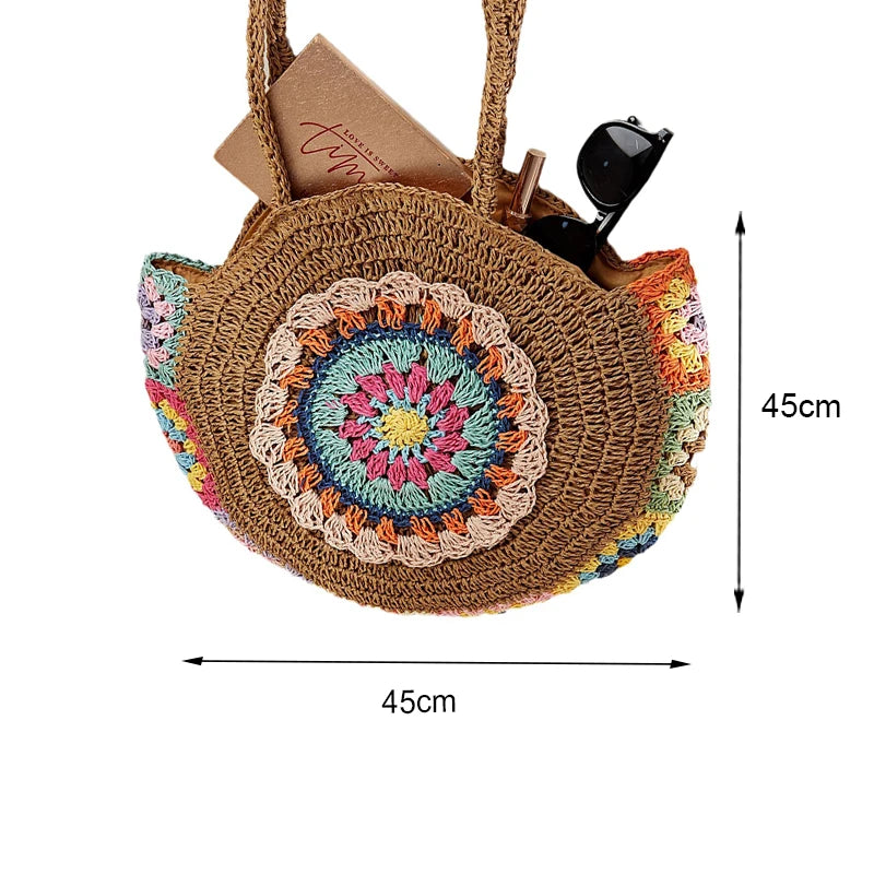 Round straw shoulder bag